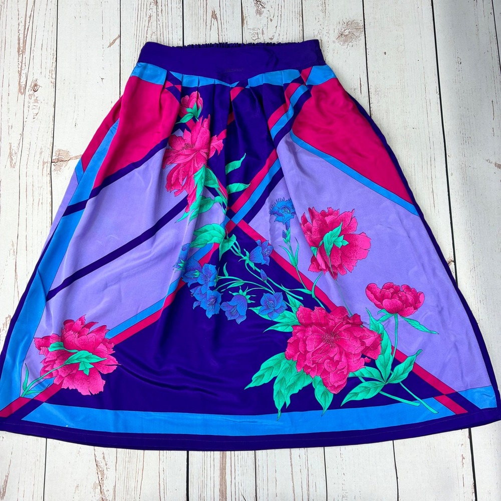 Anna Vintage Floral Silk Blend Midi Skirt Purple Pink Blue Peony Pleated M L
